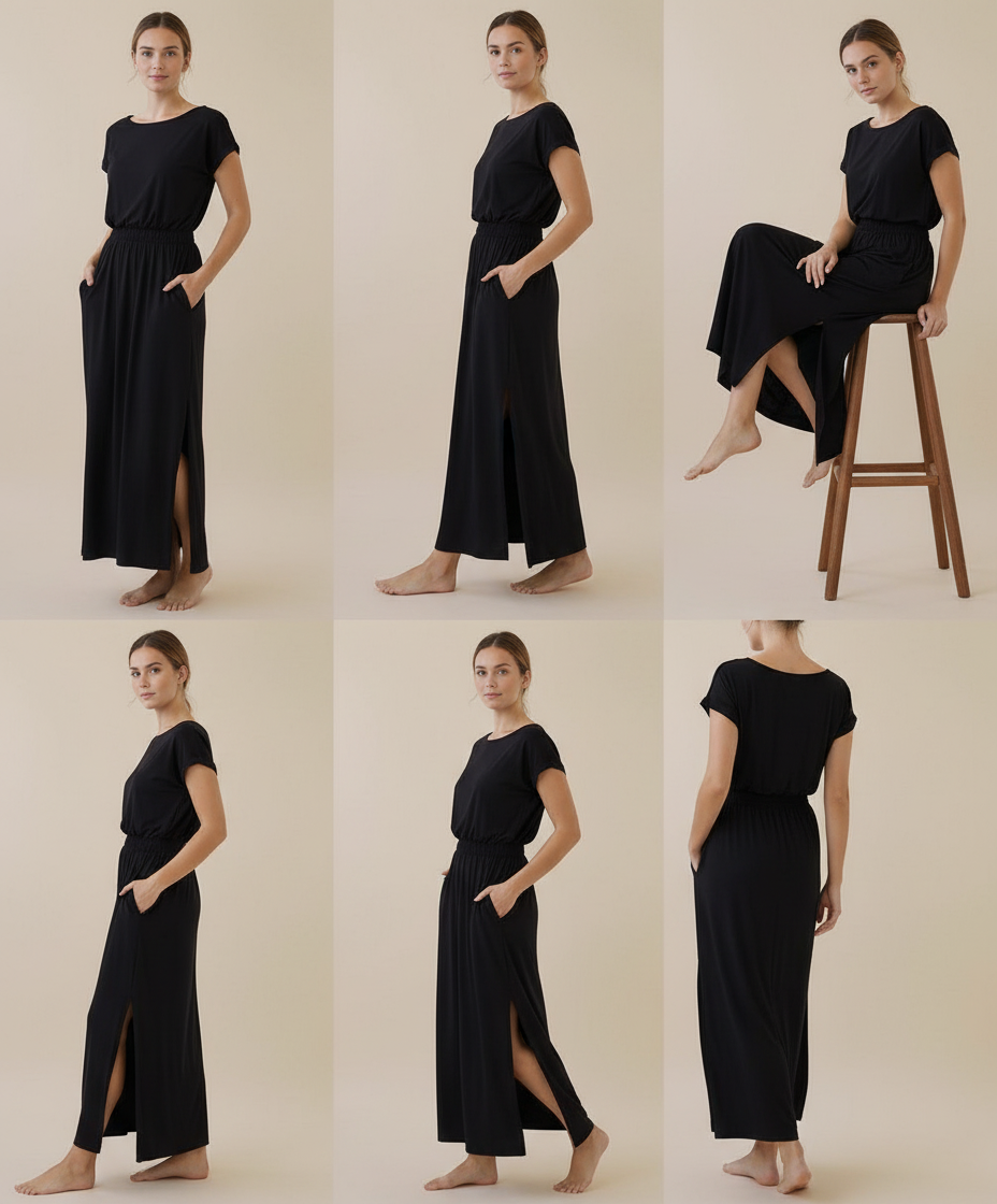 Woman modeling a black dress in various poses on a beige background